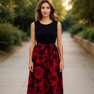 NWT Alexa B Floral Red and Black Maxi Skirt Dress Gown High Neckline Romantic